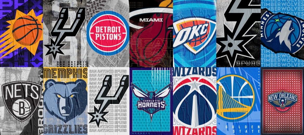 Team posters featuring the Phoenix Suns, Detroit Pistons, Miami Heat, Oklahoma City Thunder, Minnesota Timberwolves, Brooklyn Nets, Memphis Grizzlies, Charlotte Hornets, Washington Wizards, Golden State Warriors, and New Orleans Pelicans designed for the San Antonio Spurs 2019/2020 Season creative campaign by Creative Director Justin Winget and designers Justin Morin, Garrett Huls and Owen Lindsey of SS&E Brand Engagement, San Antonio Spurs 2019/20 creative, Brand Engagement, Spurs Sports and Entertainment, San Antonio Spurs, Spurs Creative Director, Pistons Creative Director, Justin Winget, Brandon Gayle, Becky Kimbro, R.C. Buford, Lori Warren, Innovation, Spurs, Design