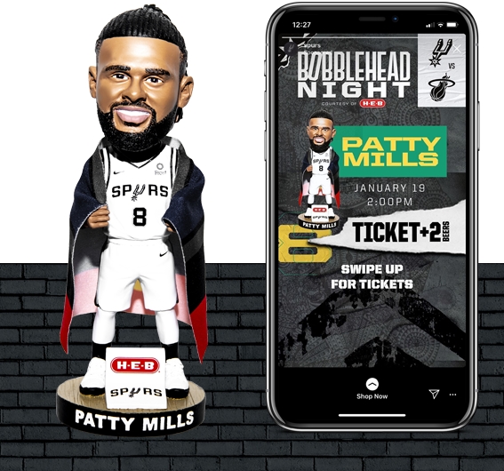 Bobblehead and social media graphics for San Antonio Spurs Indigenous night featuring Guard Patty Mills x Tap Pilam as part of the Spurs 2019/2020 Season Creative Campaign, San Antonio Spurs 2019/20 creative, Brand Engagement, Spurs Sports and Entertainment, San Antonio Spurs, Spurs Creative Director, Pistons Creative Director, Justin Winget, Brandon Gayle, Becky Kimbro, R.C. Buford, Lori Warren, Innovation, Spurs, Design