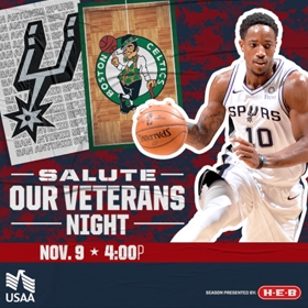 San Antonio Spurs social media graphics for the 2019/2020 Season creative campaign featuring Spurs guard DeMar DeRozan on Salute our Veterans Night sponsored by USAA