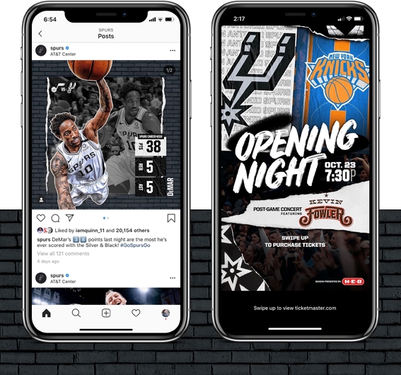 San Antonio Spurs social media graphics for the 2019/2020 season creative campaign featuring Spurs guard DeMar DeRozan and a poster design for the New York Knicks