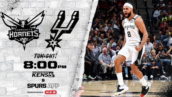 San Antonio Spurs social media matchup graphics against the Charlotte Hornets for the 2019/2020 season creative campaign featuring Spurs guard Patty Mills, San Antonio Spurs 2019/20 creative, Brand Engagement, Spurs Sports and Entertainment, San Antonio Spurs, Spurs Creative Director, Pistons Creative Director, Justin Winget, Brandon Gayle, Becky Kimbro, R.C. Buford, Lori Warren, Innovation, Spurs, Design
