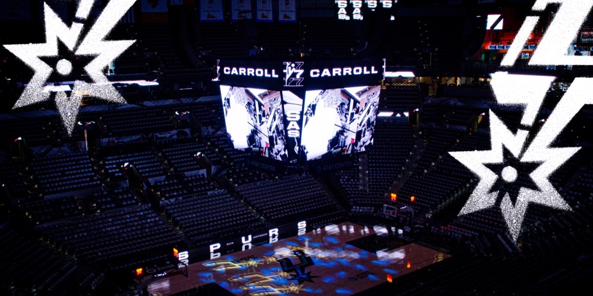San Antonio Spurs jumbotron graphics at the AT&T Center for the 2019/2020 season creative campaign game open video featuring Spurs forward DeMarre Carroll, San Antonio Spurs 2019/20 creative, Brand Engagement, Spurs Sports and Entertainment, San Antonio Spurs, Spurs Creative Director, Pistons Creative Director, Justin Winget, Brandon Gayle, Becky Kimbro, R.C. Buford, Lori Warren, Innovation, Spurs, Design