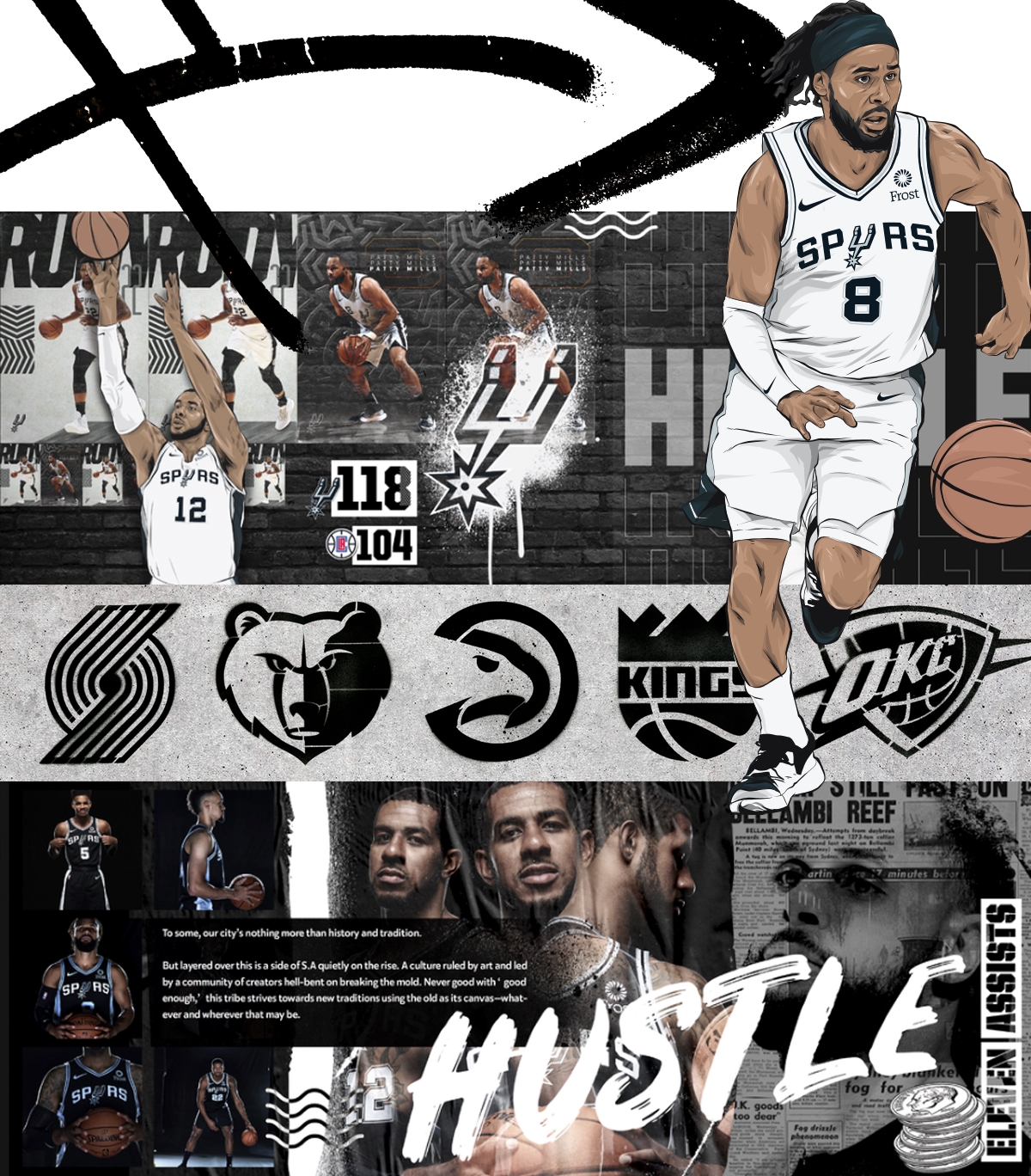 San Antonio Spurs 2019/2020 creative season campaign stylescape developed by Justin Winget and Justin Morin of SS&E Brand Engagement in partnership with Los Otros Murals and RobZilla illustration, San Antonio Spurs 2019/20 creative, Brand Engagement, Spurs Sports and Entertainment, San Antonio Spurs, Spurs Creative Director, Pistons Creative Director, Justin Winget, Brandon Gayle, Becky Kimbro, R.C. Buford, Lori Warren, Innovation, Spurs, Design