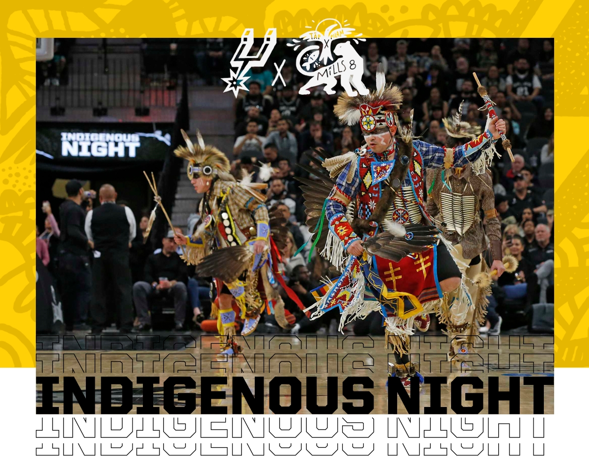 Graphic promoting the first-ever San Antonio Spurs Indigenous Night at the AT&T Center featuring Patty Mills and Tap Pilam, San Antonio Spurs 2019/20 creative, Brand Engagement, Spurs Sports and Entertainment, San Antonio Spurs, Spurs Creative Director, Pistons Creative Director, Justin Winget, Brandon Gayle, Becky Kimbro, R.C. Buford, Lori Warren, Innovation, Spurs, Design