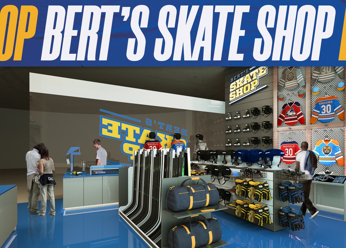 Bert's Skate Shop rendering, a St. Louis Blues retail experience designed by Justin Winget and rendered by Tim Seinold