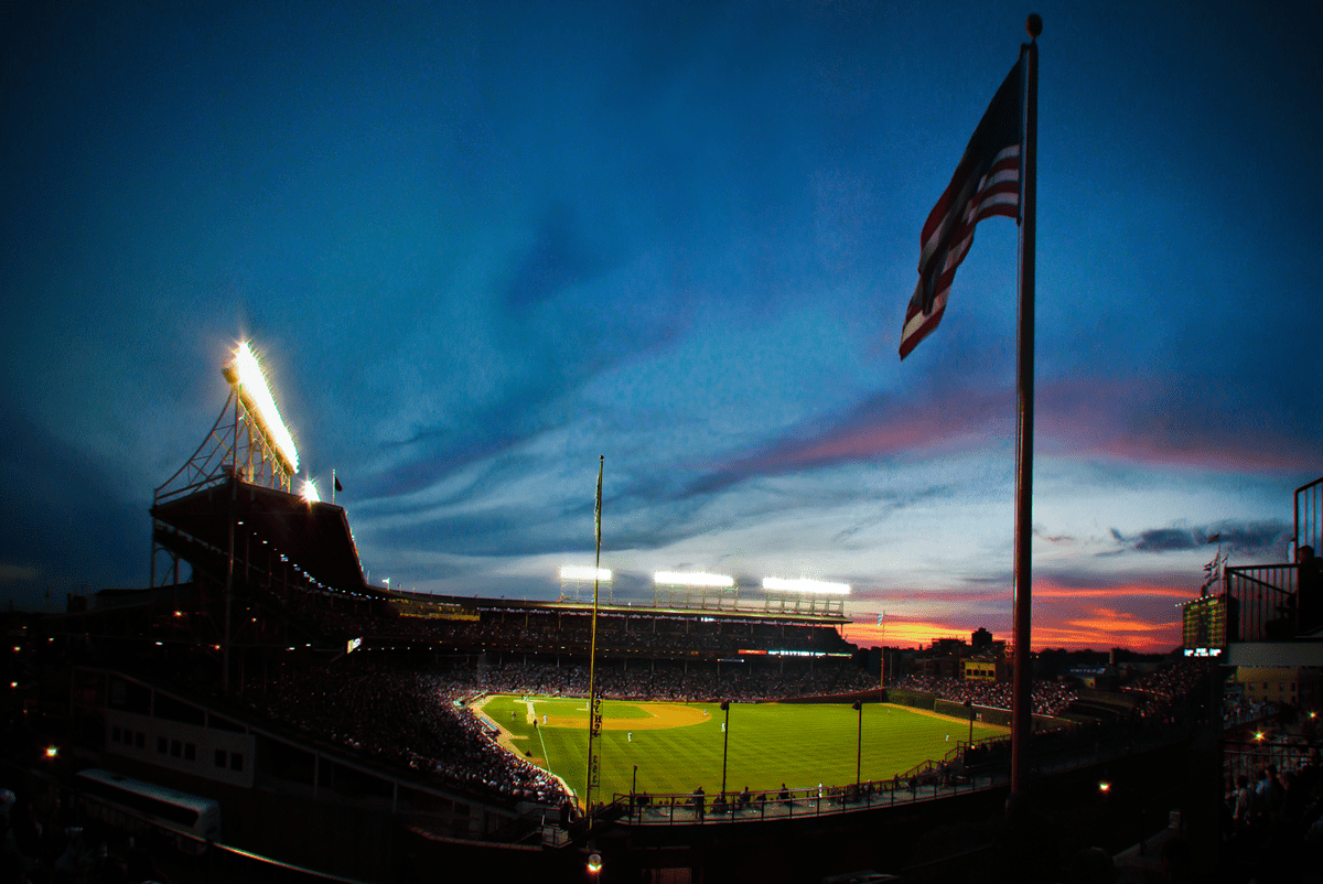 View of Wrigley Field in Chicago, Illinois at sunset - photographed by Justin Winget