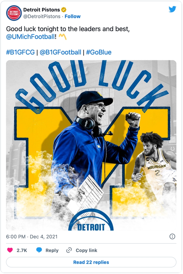 Detroit Pistons wish Michigan Football and Jim Harbaugh good luck in the 2021 Big10 Championship game