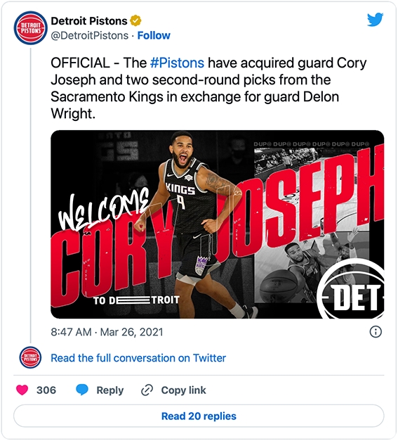 Detroit Pistons social media posts featuring welcome graphic for Cory Joseph