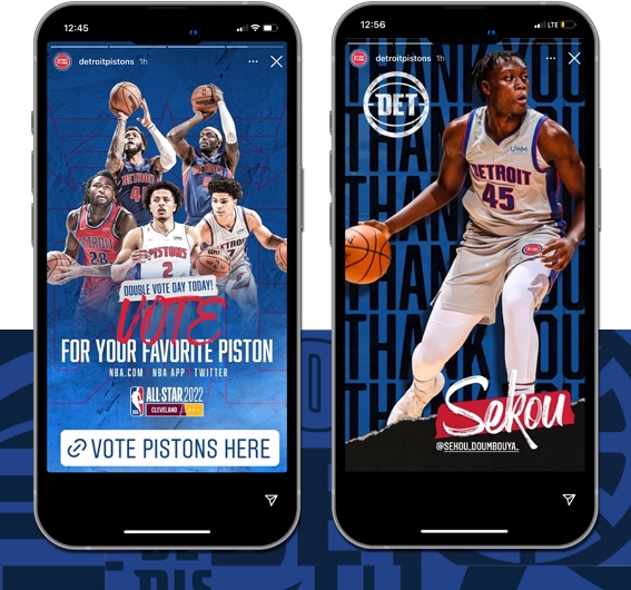 Detroit Pistons social media posts featuring Sekou Doumbouya Thank You and 2021-2022 All Star Voting graphics