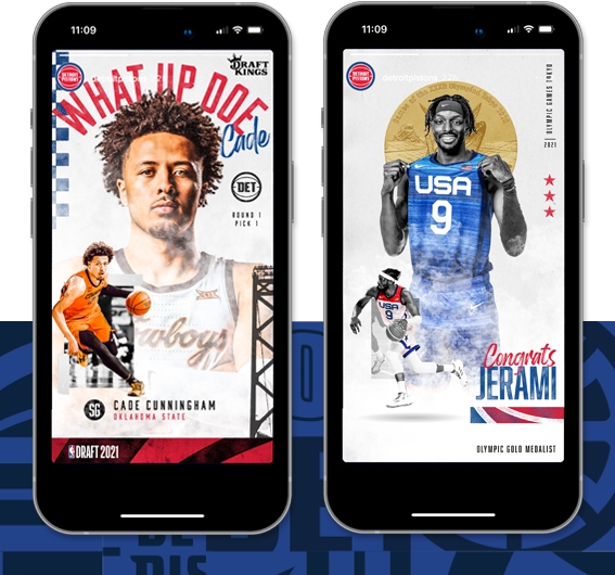 Detroit Pistons social posts featuring NBA #1 pick Cade Cunningham and Olympic gold medalist Jerami Grant