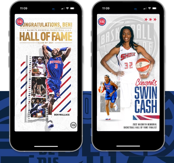 Detroit Pistons social media posts featuring NBA Hall of Famers Ben Wallace and Swin Cash 