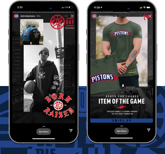 Detroit Pistons social media posts featuring retail collections for Has Heart and Born x Raised