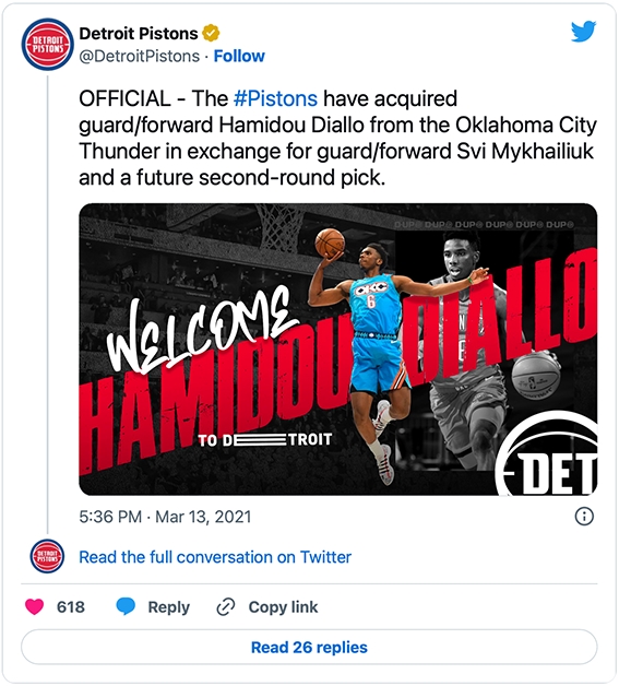 Detroit Pistons social media posts featuring welcome graphic for Hamidou Diallo