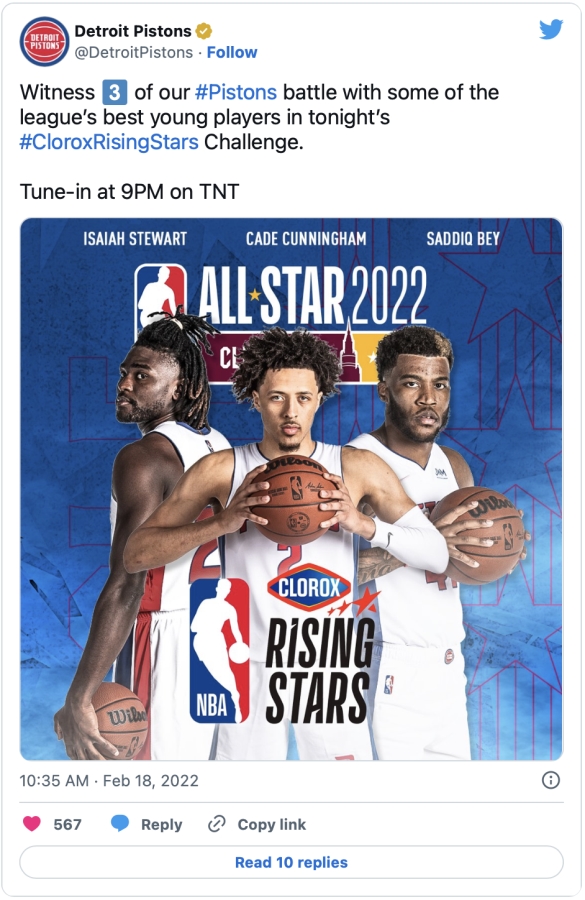 Detroit Pistons social post featuring Cade Cunningham, Saddiq Bey, and Isaiah Stewart in advance of the NBA All-Star Game in Cleveland, Ohio