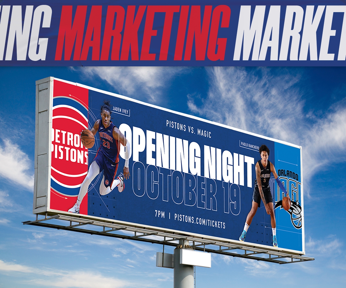 NBA's Detroit Pistons 2022-2023 opening night billboard showing JADEN IVEY and Paolo Ranchero of the Orlando Magic