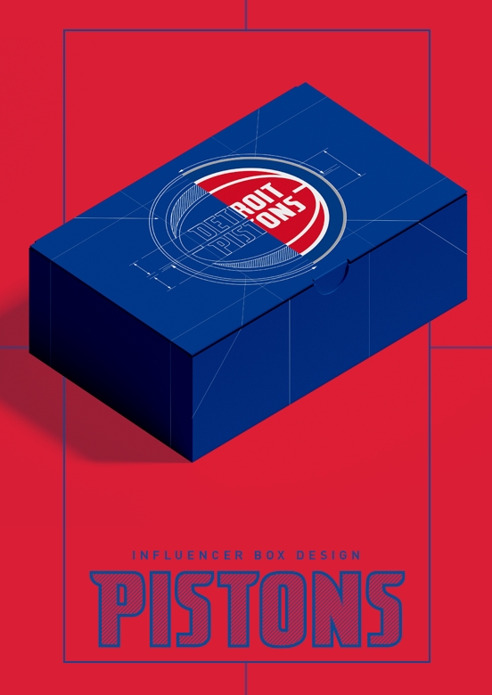 Influencer box packaging for the Detroit Pistons 2022-23 Different by Design Season Campaign by Creative Director Justin Winget