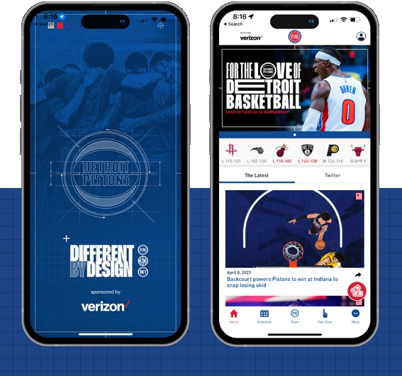 NBA's Detroit Pistons app home screen and ad by Creative Director Justin Winget