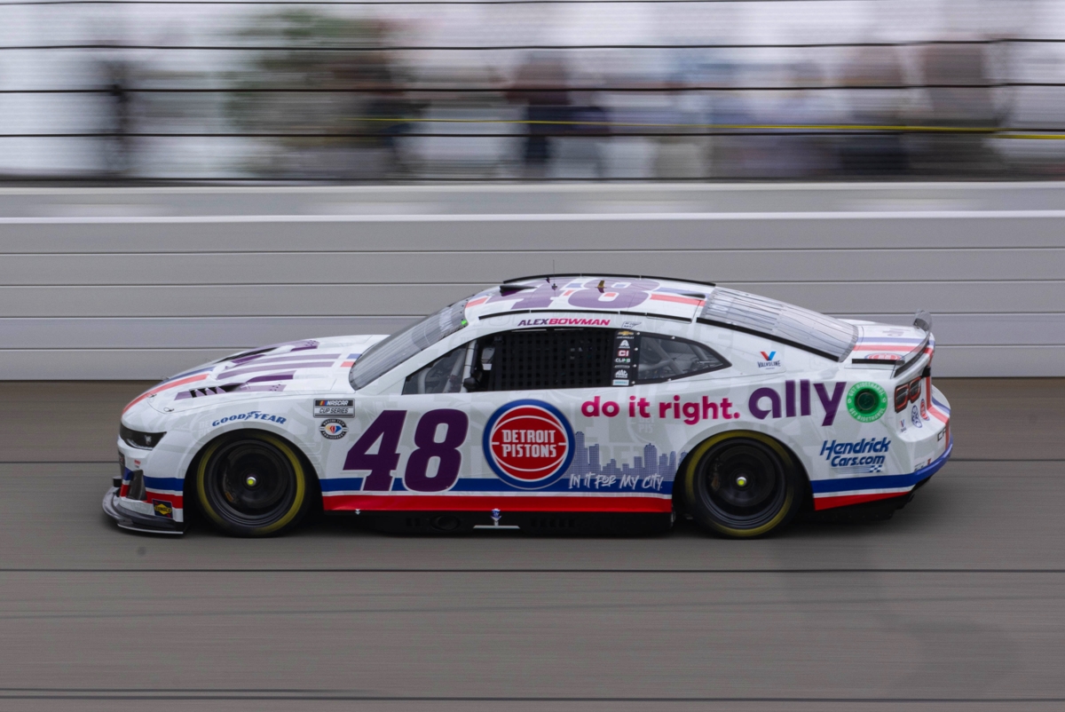 NASCAR driver Alex Bowman at Michigan International Speedway in the Detroit Pistons x Ally livery by Justin Winget