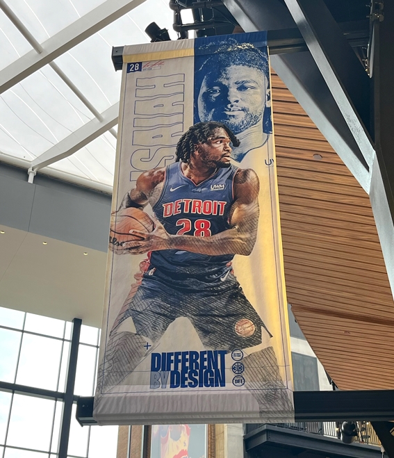 Detroit Pistons 2022-2023 Season Campaign concourse banners featuring Isaiah Stewart by Brandon Morris and Creative Director Justin Winget