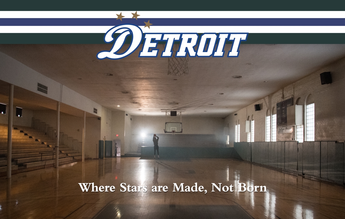 NBA's Detroit Pistons 22-23 City Edition campaign inspired by St. Cecilia gym in Detroit, Michigan and designed by Big Sean, Nike, and Creative Director Justin Winget