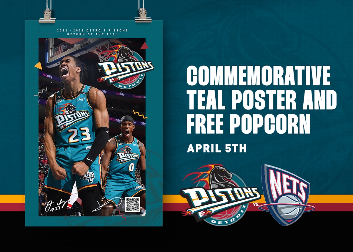 NBA's Detroit Pistons 22-23 Season Campaign return of the teal poster by Creative Director Justin Winget and Daniel Brandao featuring Jaden Ivey and Jalen Duren 