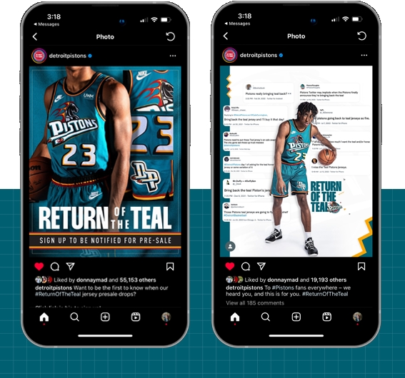 Detroit Pistons 2022-2023 Season Campaign Return of the Teal social graphics featuring Jaden Ivey by Jack Elwarner ShrimpDesigns, Brandon Morris, and Creative Director Justin Winget