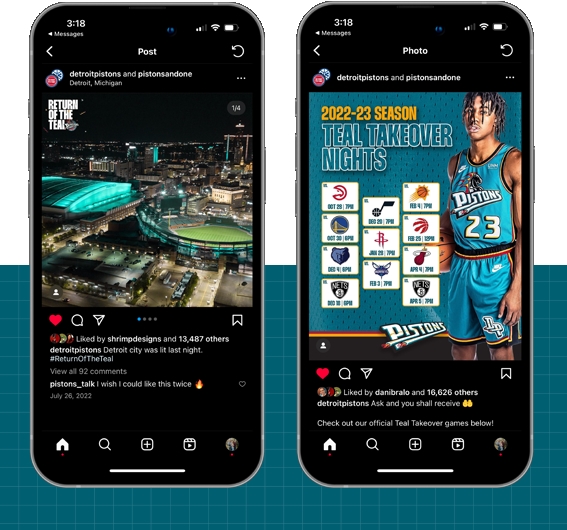 Detroit Pistons 2022-2023 Season Campaign Return of the Teal social graphics featuring Jaden Ivey by Jack Elwarner ShrimpDesigns, Brandon Morris, and Creative Director Justin Winget