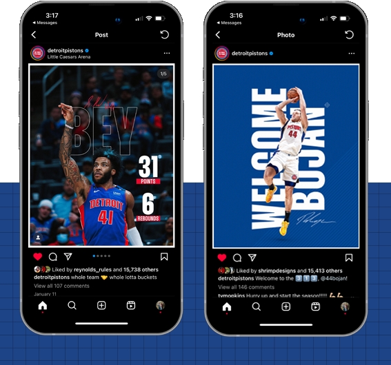 Detroit Pistons 2022-2023 Season Campaign social graphics featuring Saddiq Bey and Bojan Bogdonovic by Jack Elwarner ShrimpDesigns and Creative Director Justin Winget